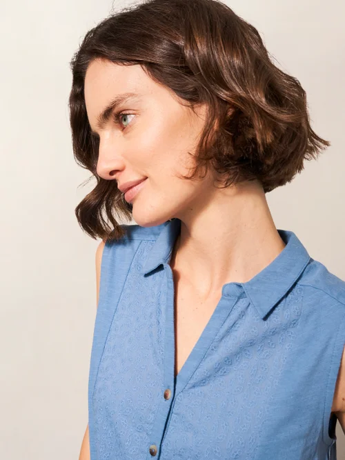 Ärmellose Jerseybluse mit Printmotiv - Mittelblau - 38 Bild 2