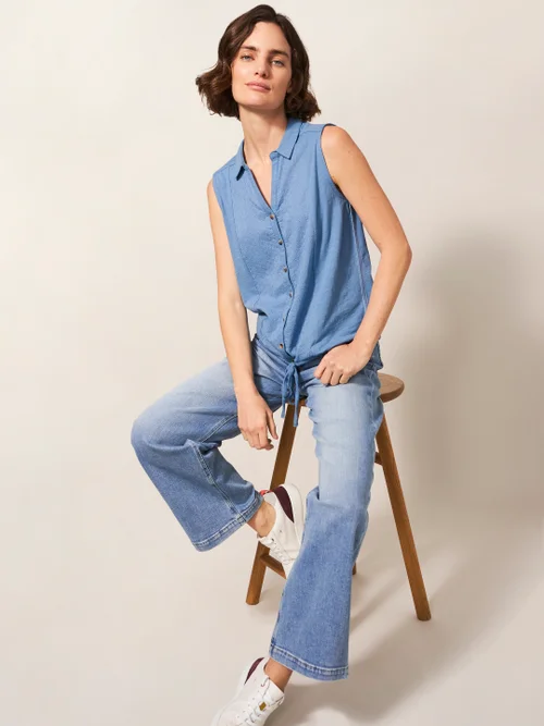 Ärmellose Jerseybluse mit Printmotiv - Mittelblau - 38 Bild 3