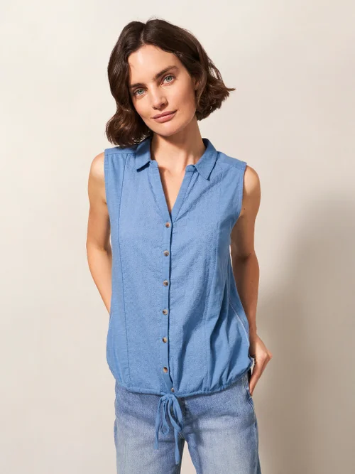 Ärmellose Jerseybluse mit Printmotiv - Mittelblau - 38 Bild 1