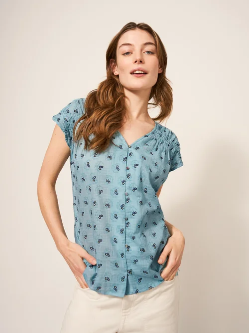 Rae Kurzärmelige Bluse aus Bio-Baumwolle - Blaugrün Mehrfarbig - 38 Bild 2