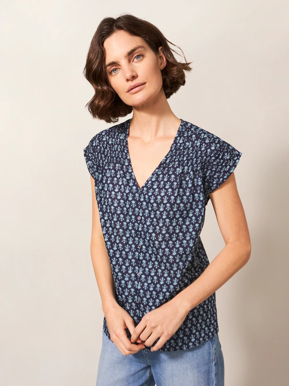 Rae Kurzärmelige Bluse aus Bio-Baumwolle - Marineblau Mehrfarbig - 38 Bild 1