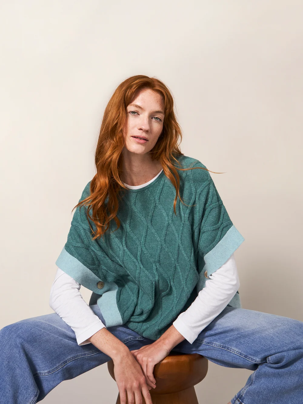 Fern Strickponcho - Mittel-Blaugrün - Einheitsgröße Bild 1