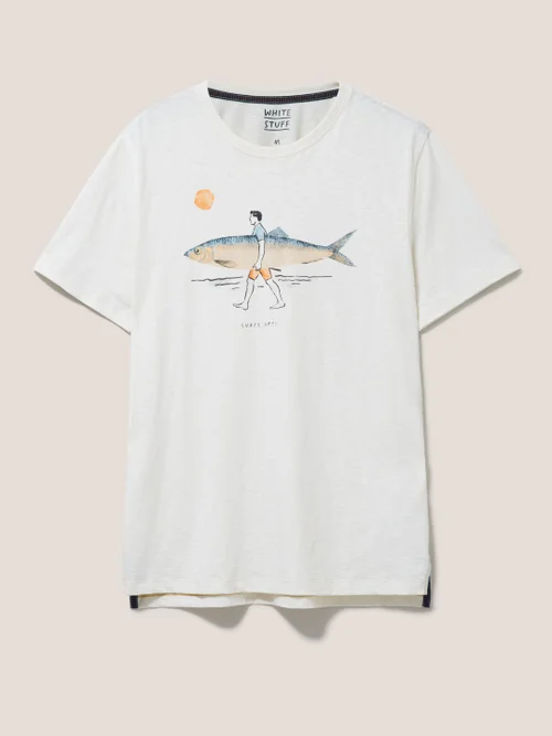 T-Shirt mit Fisch- und Surfboardmotiv - Naturweiß - S Bild 1