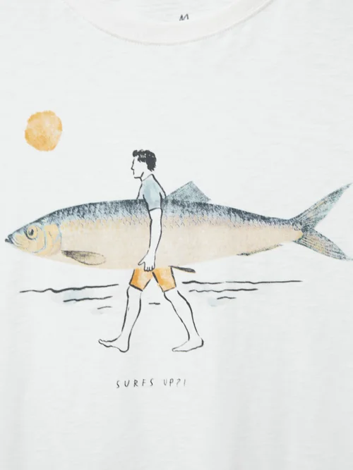T-Shirt mit Fisch- und Surfboardmotiv - Naturweiß - S Bild 2