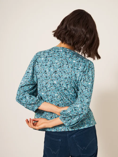Bennie Bluse mit Bindesaum - Blaugrüner Aufdruck - 38 Bild 3