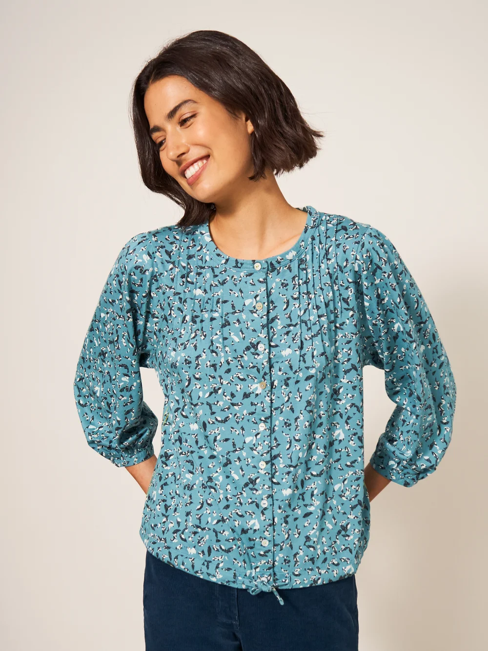 Bennie Bluse mit Bindesaum - Blaugrüner Aufdruck - 38 Bild 1