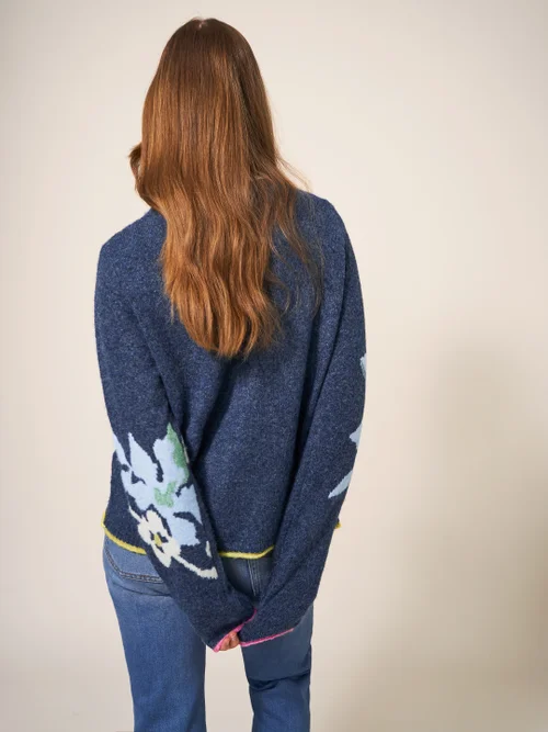 Geblümte Strickjacke - Marineblau Mehrfarbig - 38 Bild 4