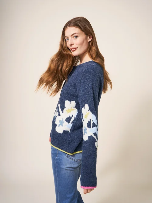 Geblümte Strickjacke - Marineblau Mehrfarbig - 38 Bild 3