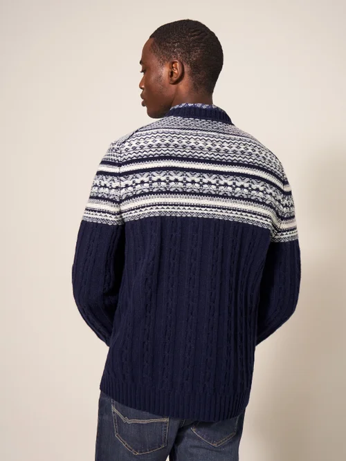 Gemusterter Zopfstrickpullover mit Rundhalsausschnitt - Dunkel-Marineblau - L Bild 3