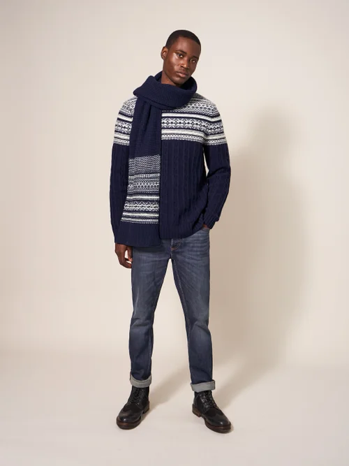Gemusterter Zopfstrickpullover mit Rundhalsausschnitt - Dunkel-Marineblau - L Bild 1