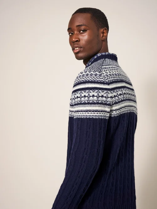 Gemusterter Zopfstrickpullover mit Rundhalsausschnitt - Dunkel-Marineblau - L Bild 2