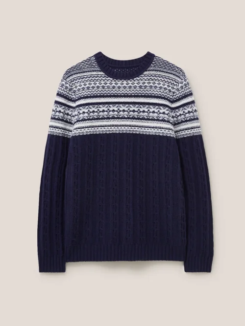 Gemusterter Zopfstrickpullover mit Rundhalsausschnitt - Dunkel-Marineblau - L Bild 4