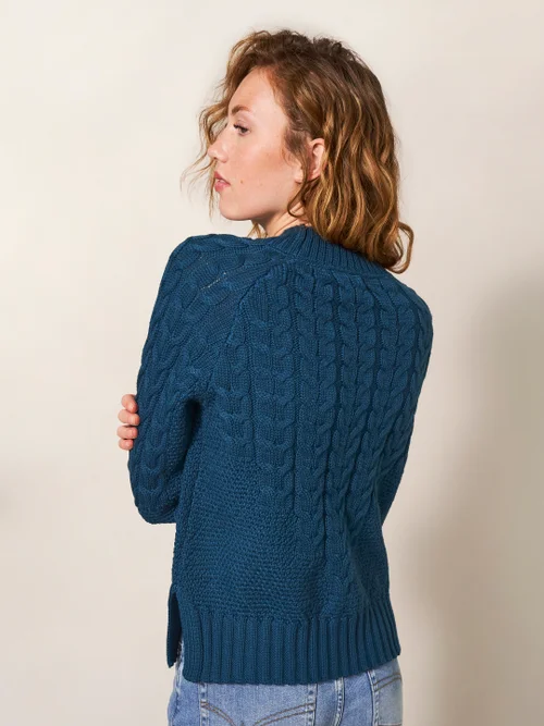 Pullover mit Zopfstrickmuster - Mittelblau - 34 Bild 3