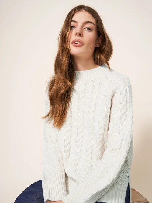 Pullover mit Zopfstrickmuster - Blasses Elfenbein - 34 Bild 2