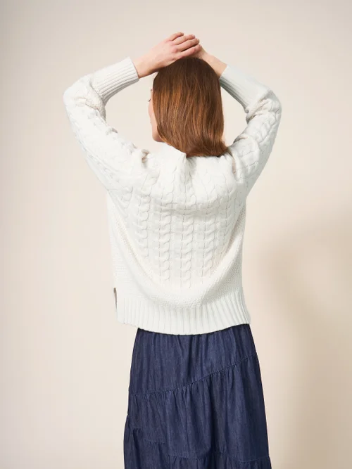 Pullover mit Zopfstrickmuster - Blasses Elfenbein - 34 Bild 3