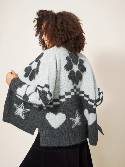 Strickjacke mit nordischem Waldmotiv - Grau Mehrfarbig - L Bild 3