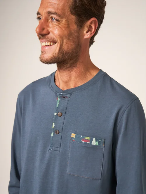 Originell gemustertes Henley Pyjamatop - Mittelblau - L Bild 2