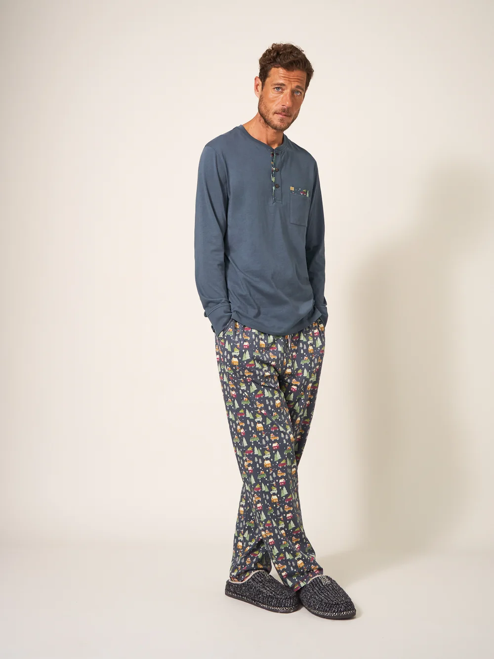 Originell gemustertes Henley Pyjamatop - Mittelblau - L Bild 1