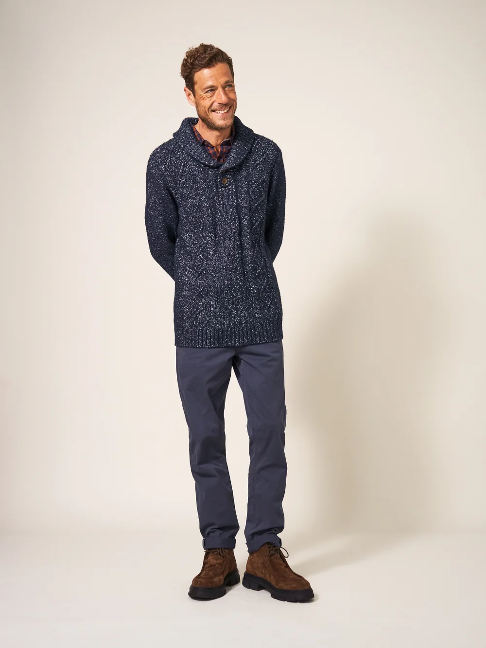 Pullover mit Zopfstrickmuster und Schalkragen - Dunkel-Marineblau - L Bild 1