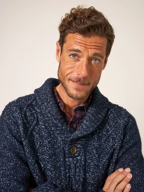 Pullover mit Zopfstrickmuster und Schalkragen - Dunkel-Marineblau - L Bild 2