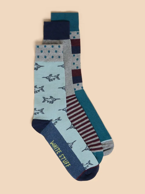 Dreierpack Socken mit Fischmotiv - Blue Mlt - 44-46 Bild 1