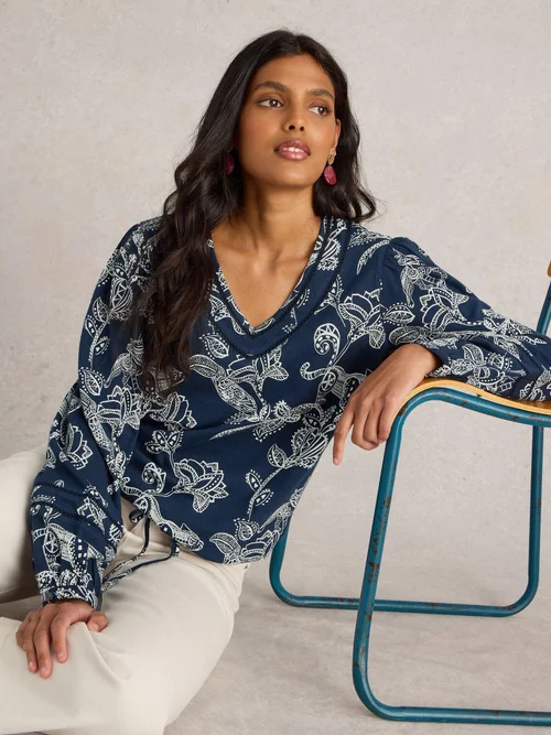 Bluse Betty mit Bindesaum - Navy Pr - 52 Bild 1