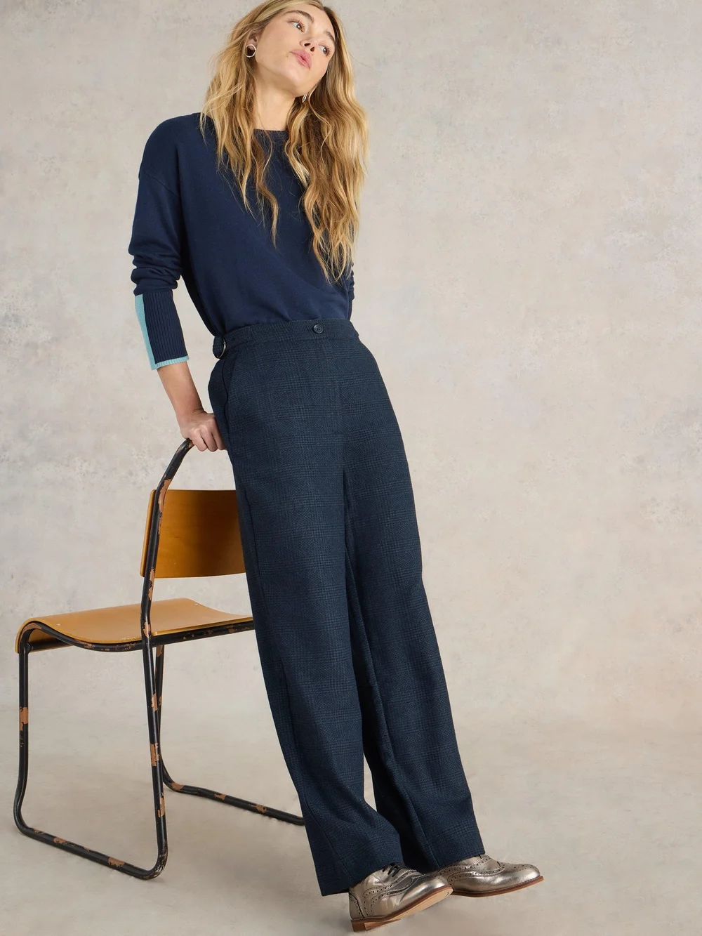 Tweedhose Una mit weitem Bein - Navy Multi - 44/R Bild 1