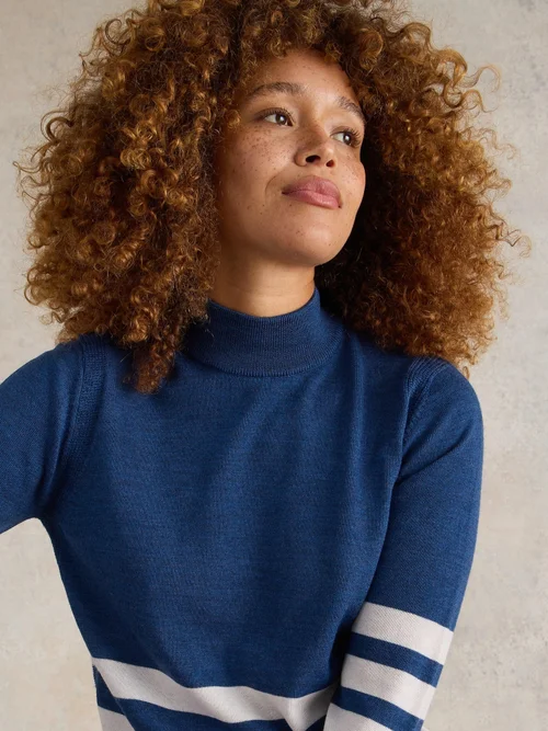 Gestreifter Rollkragenpullover aus Merinowolle - Blue Mlt - 52 Bild 3
