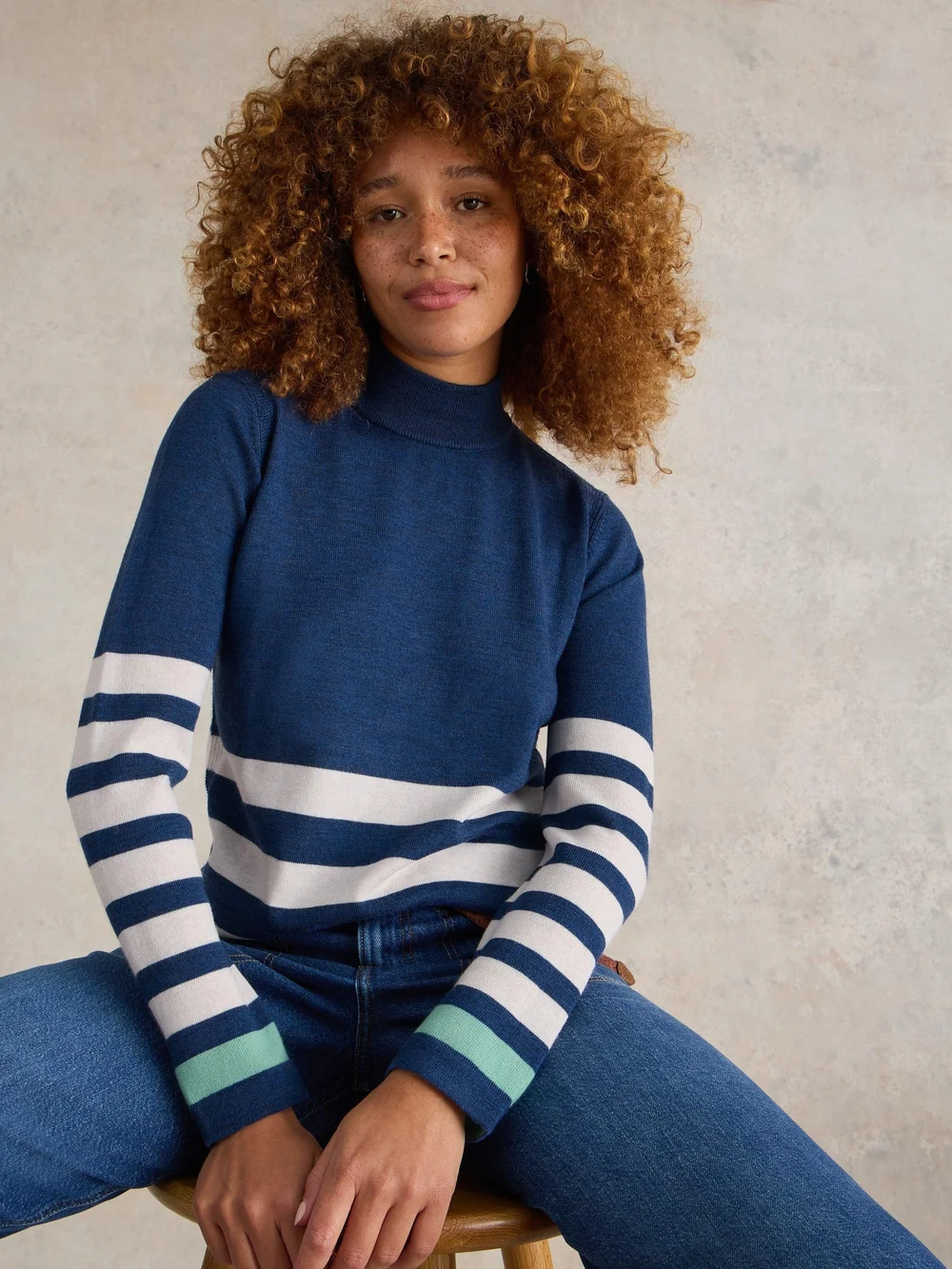 Gestreifter Rollkragenpullover aus Merinowolle - Blue Mlt - 52 Bild 1