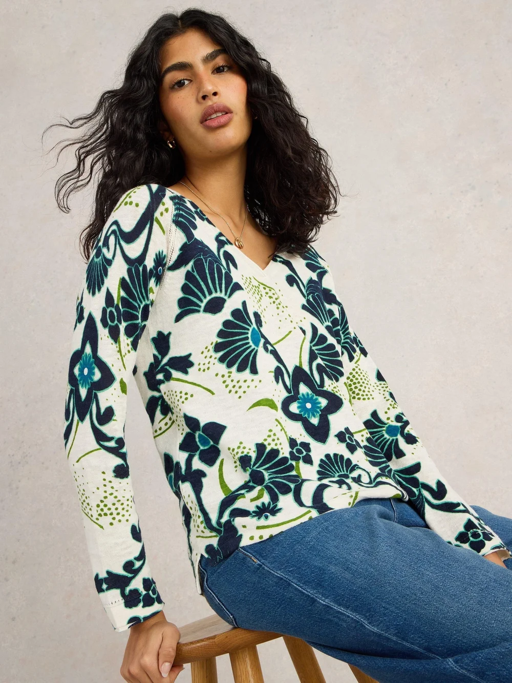 Bedruckter Pullover Naria aus Leinenmischung - Blue Pr - 34 Bild 1