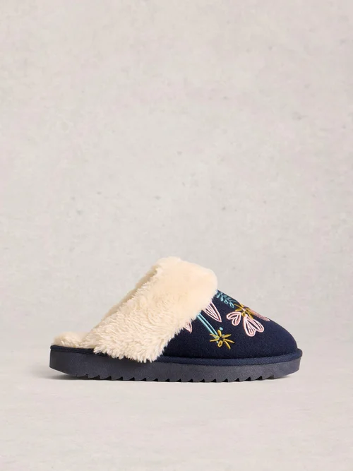 Pantoletten mit floralem Motiv - Dark Navy - S Bild 1
