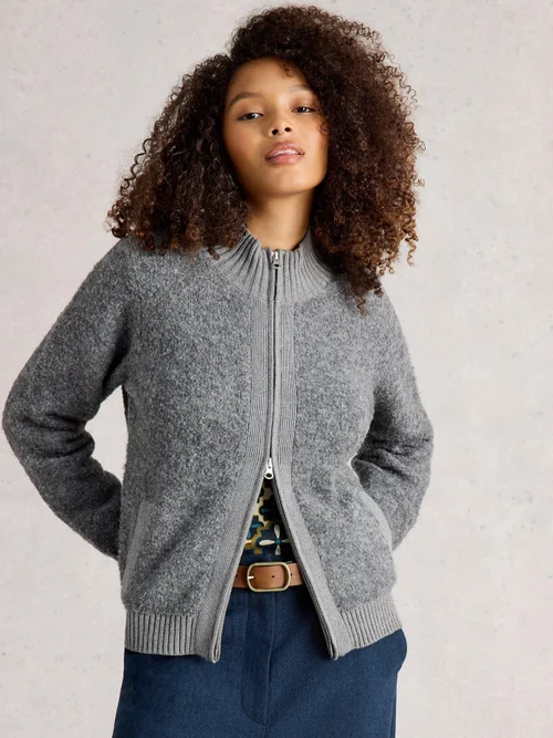 Bouclé Strickjacke Bobby mit Zip - Mid Grey - 42 Bild 1