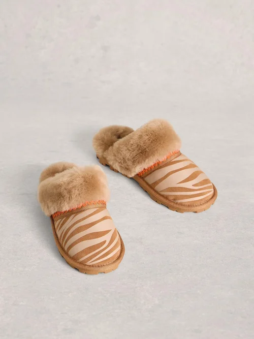 Pantoletten mit Lammwolle & Zebra-Print - Tan Multi - S Bild 2