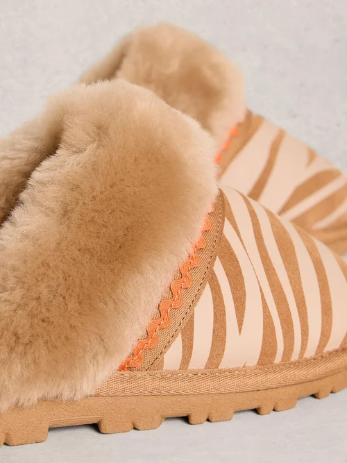 Pantoletten mit Lammwolle & Zebra-Print - Tan Multi - S Bild 3