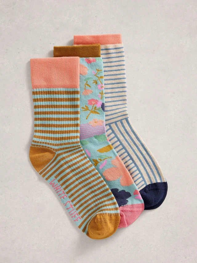 3er-Pack Socken mit Blumen & Streifen
