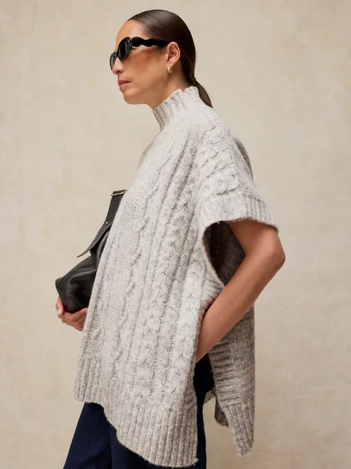 Poncho mit Zopfstrickmuster - Lgt Grey - XL Bild 3
