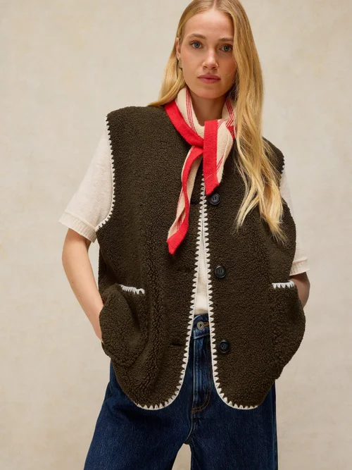 Teddyfellweste mit Kontrastdetails - Khaki Grn - XXXL Bild 1
